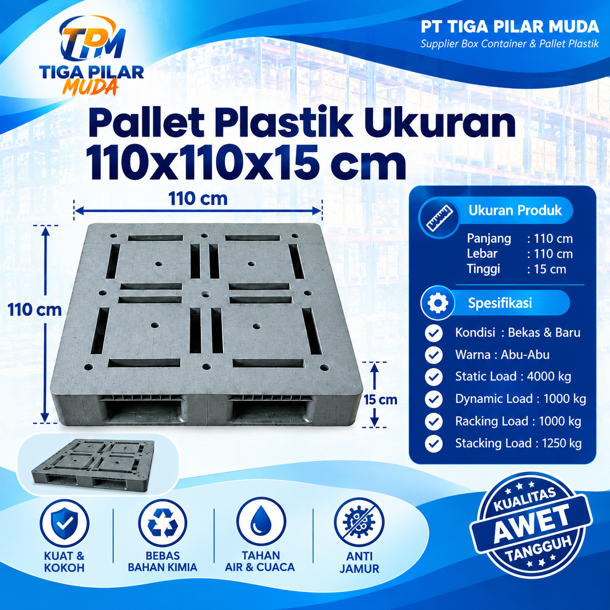 pallet plastik ukuran 110x110x15 cm